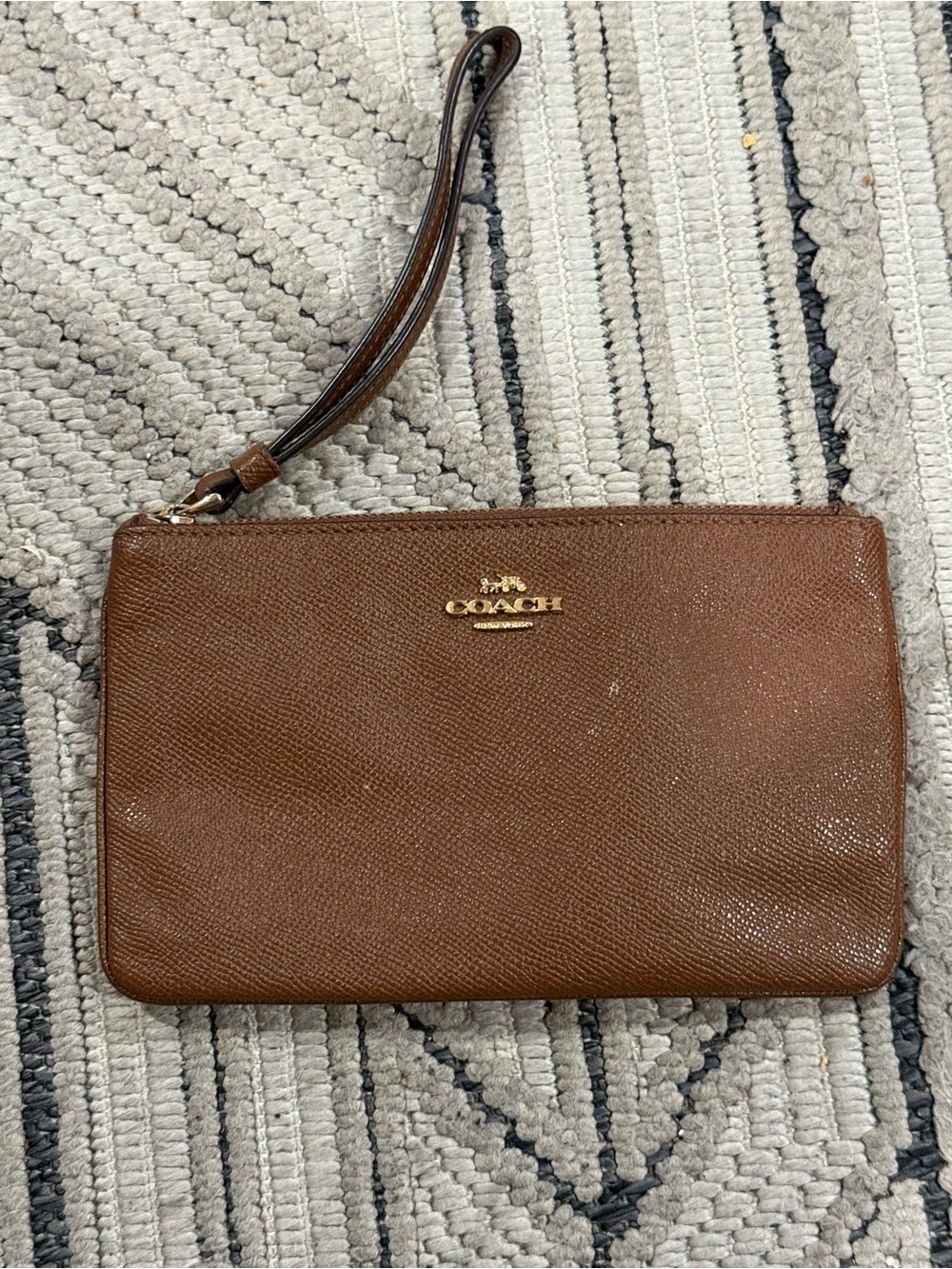 Coach Brown Saffiano Leather Wristlet Clutch with Gold Logo